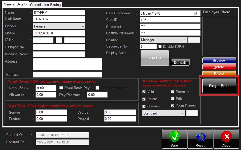 Employee Thumbprint Setting